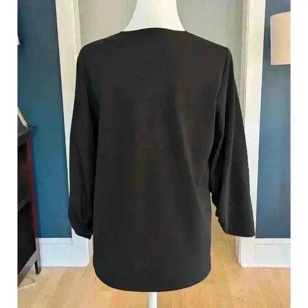 Tibi Black Shirred Sleeves A-Line V-Neck Top Size 2 - Picture 4 of 6